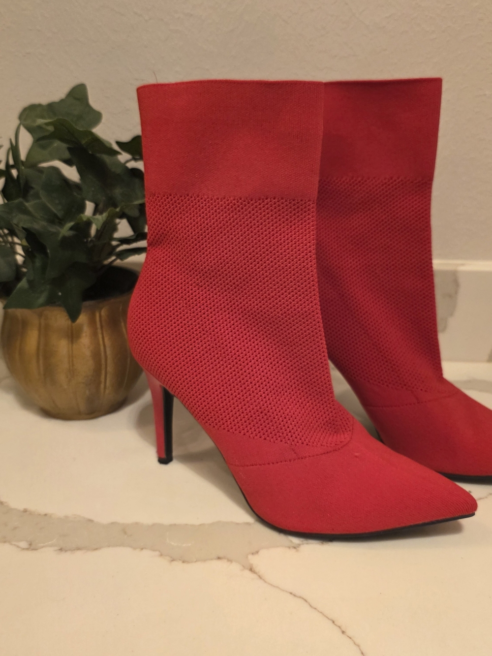 Red Stretch Knit Pointed-Toe Stiletto Ankle Boots